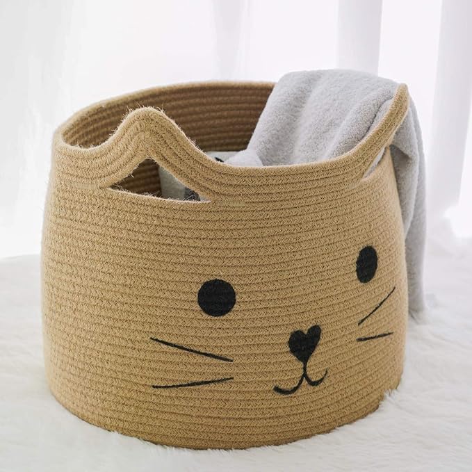 Large Woven Jute Rope Storage Basket, Baby Laundry Basket Organizer for Toys, Blanket, Clothes, Towels, Gifts | Pet Gift Baskets for Cat, Dog - 15.7" L×11.8" H