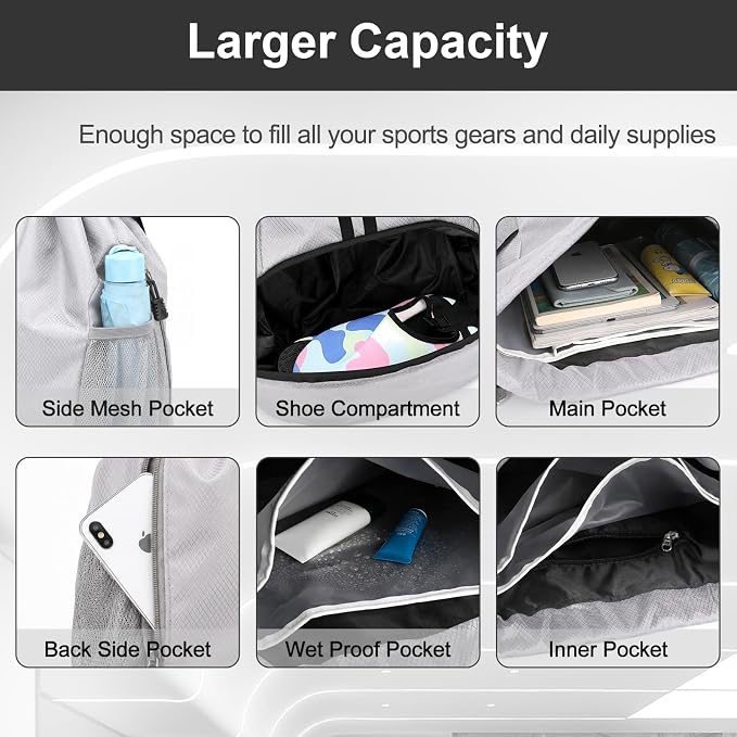 Hoedia Sports Drawstring Backpack - Swim Gym Bag for Women and Men | String Bag with Shoes Compartment and Wet Proof Pocket, Adjustable Wider Shoulder Strap, For Soccer, Basketabll, Volleyball