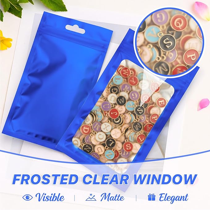 100 PCS Resealable Mylar Bags with Zip and Frosted Clear Window Packaging Bags Foil Pouch Zipper Bag for Food Self Sealing Storage Supplies (Blue, 2.75×3.93)