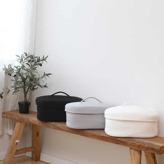 Sea Team Oval Cotton Rope Storage Basket with Lid, Lidded Woven Storage Bin, Nursery Storage Container, Diaper Caddy, Baby Shower Basket, Box, Organizer, 15 x 11 x 6.5 Inches (Medium, White)