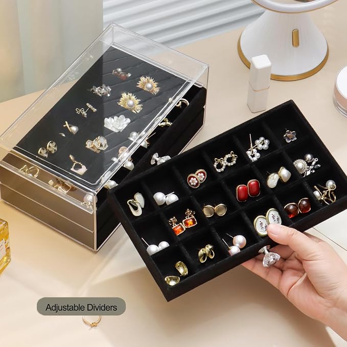 SPAKOWN Earring Box Holder Organizer Display Case | Clear Velvet Jewelry Storage Tray Organizer for Earring Ring Stud (Black - 3 Drawers)