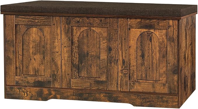 DINZI LVJ Shoe Bench, Entryway Storage Bench with Doors, Cushion, 3-Tier Shoe Rack with 9-Cubby, 39.4" L x 13.8" W Shoe Organizer Cabinet, Fully Adjustable Shelves, Living Room, Bedroom, Rustic Brown