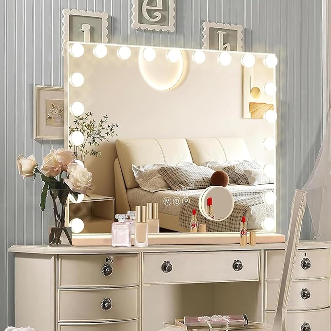 Ratsamee Hollywood Vanity Mirror with Lights, 21 Dimmable Bulbs, 3 Color Lights,Make Up Lighted Mirror, Aluminum Metal Frame, USB Charging Port（40" x 30"）