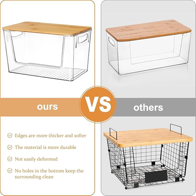 Pantry Organizers Storage, 2 Pack Large Capacity Clear Storage Bins with Bamboo Lids for Onion, Potato, Garlic, Canned Food, Under Sink Organizer Kitchen Countertop Organizer