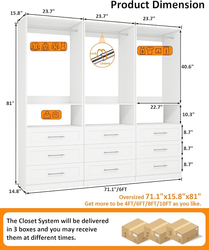 Closet System with Wooden Drawers, 6FT Closet Organize System with Drawers & Hanging Rods &for Walk in Closets, 3PCS*24" Freestanding Closet System, White(6FT)