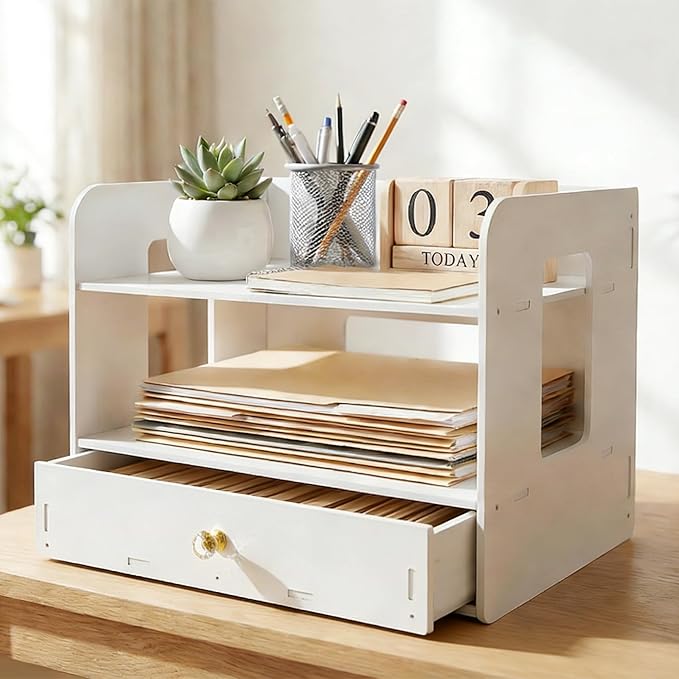 Desk Organizer, 2-Tier File Organizer for Desk with Drawer, Letter Tray Paper, Desktop Document Sorter for Letter, File Folder Holder for Office, Home or School- White MLT002W2