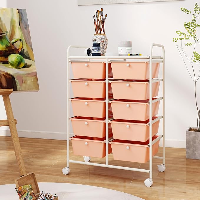 RELAX4LIFE 10-Drawer Rolling Storage Cart - Mobile Craft Art Supply Storage Organizer for Tool Scrapbook Paper Salon, Office School Classroom Teacher Rolling Cart with Drawers, Utility Cart on Wheels