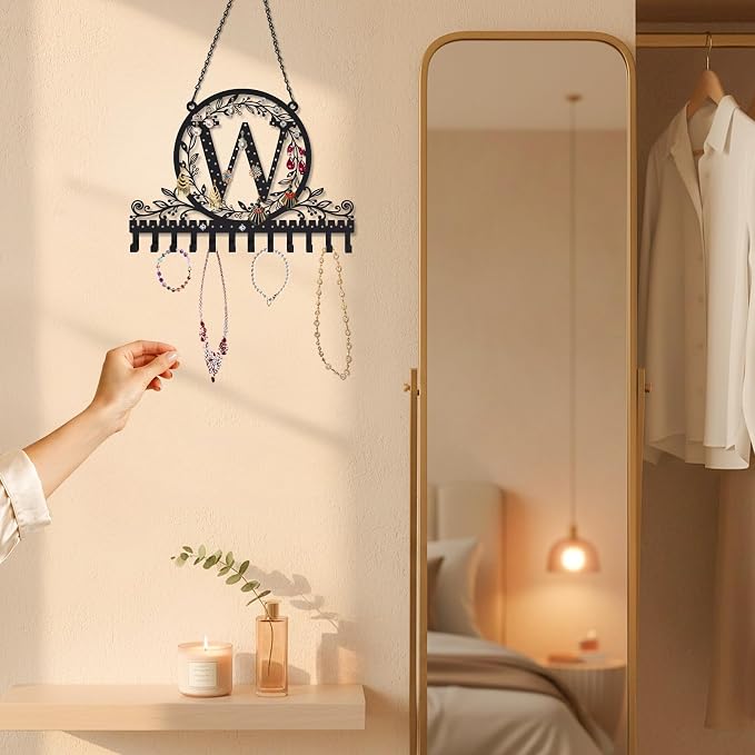 Wall-Mounted Metal Initial Letter W Earring Holder Hanging Jewelry Organizer for Earrings and Necklaces Space-Saving Wall Display with Hooks for Jewelry Storage