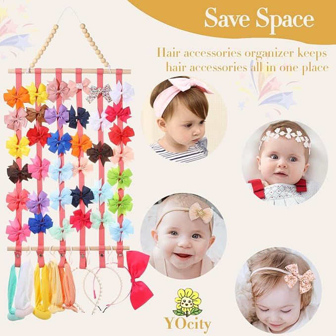 YOcity Bow Holder for Girls Hair Bows Hair Bow Organizer,Baby Headband Holder for Girls Hair Accessories Display Wall Door Closet Decor for Nursery Baby Toddler Room Pink