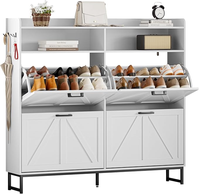 Wodeer Shoe Cabinet Storage for Entryway, Shoe Storage Cabinet with 4 Flip Drawers, Freestanding Narrow Shoe Rack Organizer with Metal Legs, Adjustable Shelves & Open Storage for Foyer, Hallway, White