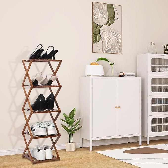 Bamboo Shoe Rack 5 Tier Foldable Shoe Rack for Entryway | Narrow Vertical Shoe Organizer Free Standing Shelf, Multifunctional Slim Storage for Bedrooms Living Room Corner