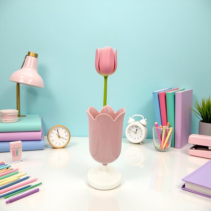 Pink Plastic Tulip Pen Holder Cute Pens Cup for Desk Pen Brush Organizer Office Stationery Supplies Home Decor Desk Supplies Holders and Dispensers(ZS399)