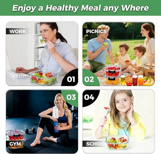 4Pack 27 oz Glass Meal Prep Containers wtih Lids | Glass lunch containers, Snap Containers, Leekproof, Microwave, Oven, Freezer and Dishwasher, BPA Free