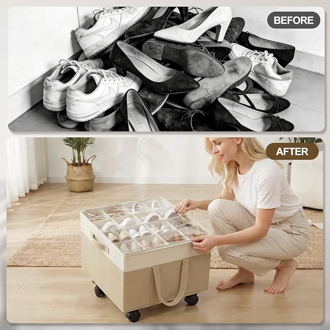 Large Shoe Organizer for Closet, 16 Pairs Shoe Storage Box with 360° Wheels & Reinforced Handles, Adjustable Dividers, Clear Cover, Side Pocket, Foldable Oxford Fabric Bin for Entryway, Beige