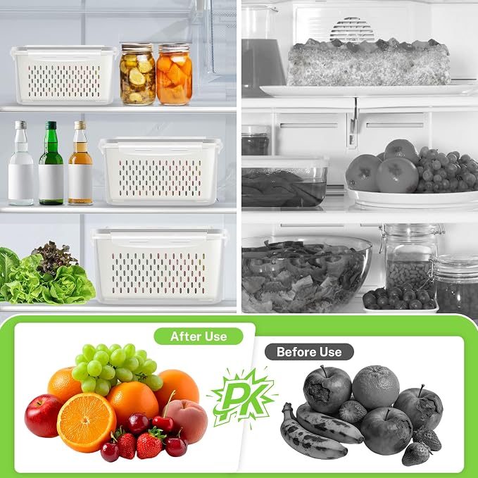 4 Pack Fridge Fruit Storage Containers with Colander, Vent and Handle | BPA Free Plastic, Airtight Stackable Refrigerator Organizer Bins for Berry, Meat, Vegetable