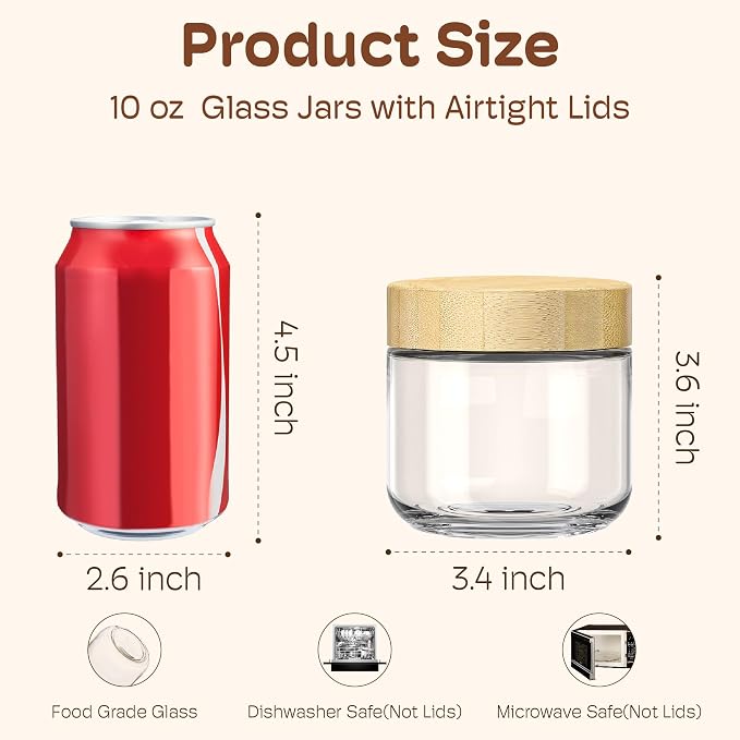 10 oz Overnight Oats Containers with Bamboo Lids, Glass Mason Jars 4 Pack | Airtight Seal Keeps Leakproof, Wide Mouth for Easy Filling & Cleaning, Ideal for Chia Pudding, Yogurt Parfaits & Meal Prep