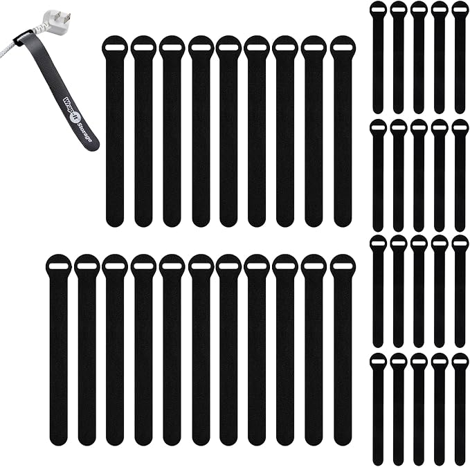 Self-Gripping Cable Ties by Wrap-It Storage - Assorted 40-Pack Black | Reusable Hook and Loop Cord Organizer Cable Ties for Cord Management and Desk or Office Organization