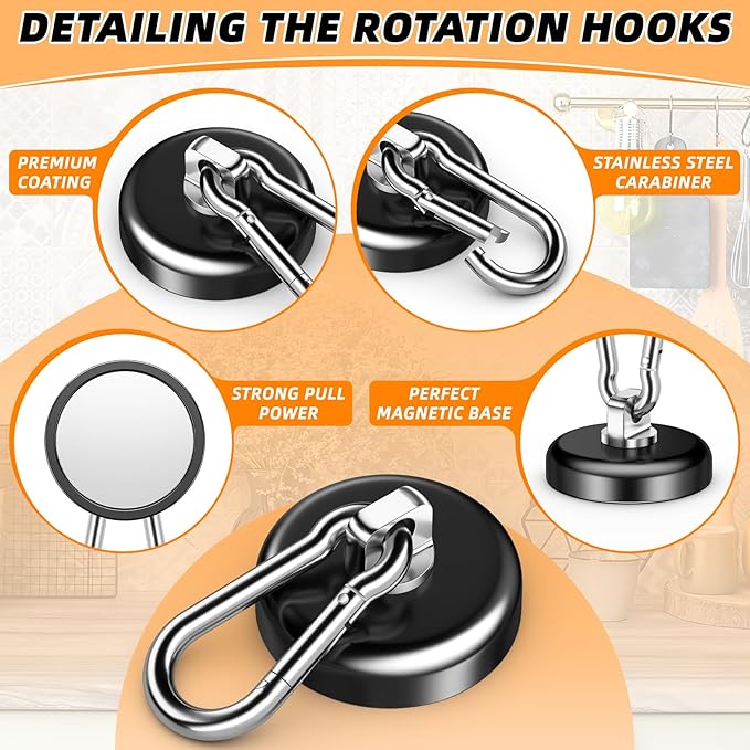 FINDMAG Heavy Duty Magnetic Hook, 150LBS+ Strong Black Magnetic Carabiner with Hooks, Neodymium Magnets Hooks for Hanging, Magnets with Swivel Carabiner Hook for Cruise Cabins, Home, Garage, 10 Pack
