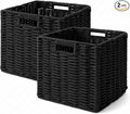 Cotton Rope Cube Storage Baskets Set of 2, 11 Inch Foldable Cubby Organizer Bins with Handles, Handwoven Square Basket for Organizing, Cube Closet Storage Bins for Shelves, Home Decor (Black 2 Pack)