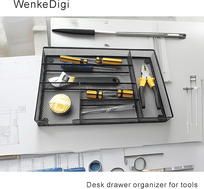 Metal Mesh Desk Drawer Organizer Tray, 6-Compartment Office Drawer Organizer for Pens Supplies, 12.6"x8.27"x1.57" Black