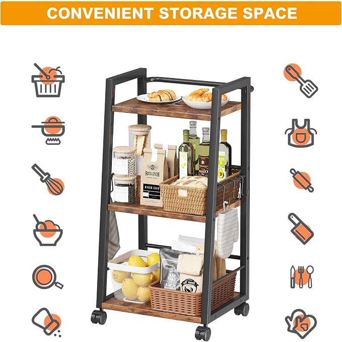 Homeiju 3 Tier Kitchen Storage Cart with Lockable Wheels & 6 Hooks, Mobile Utility Organizer Rolling Cart for Small Spaces, Bar Cart for Kitchen and Living Room, Rustic Brown