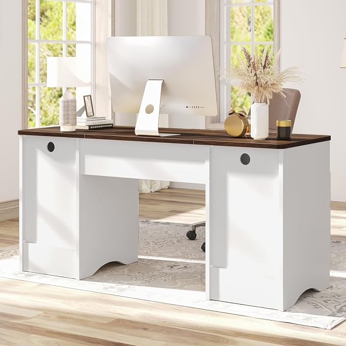 Bestier Computer Desk with Keyboard Tray, 59 inch Office Desk with 4 Drawers, Modern Home Office Desk with File Drawer (Walnut with White, 59" W with Double-Sided Drawers)