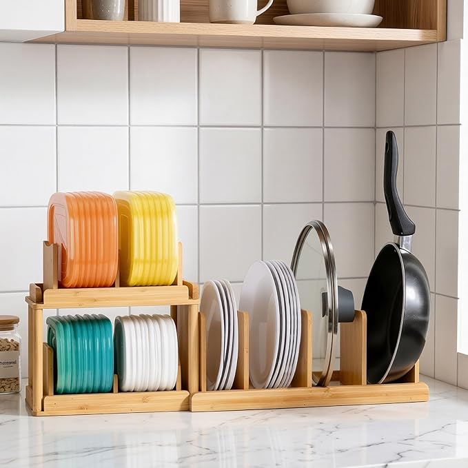 YIGII 2-Tier Bamboo Container Lid Organizer with Dividers for Cabinet | Natural Bamboo, Moisture-Resistant, Removable Dividers, 2-Tier or Separate, for Drawers Countertops, Fits Small to Large Lids