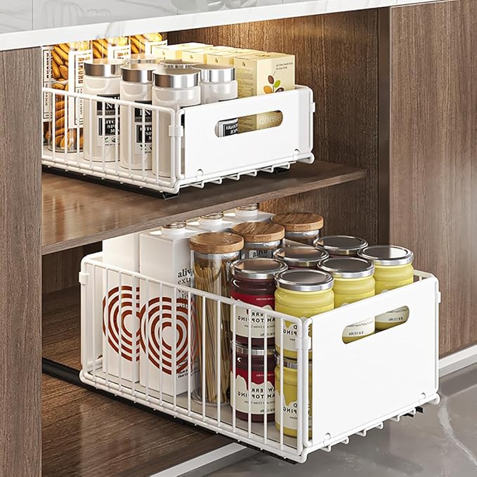 YunNasi Pull Out Cabinet Organizer Slide Out Drawer Storage Shelves Cupboard Organiser Sliding Cabinet Basket for Kitchen No Drilling and Nailing (White, 4Piece 9.8"W X15"D X 7.5"H)