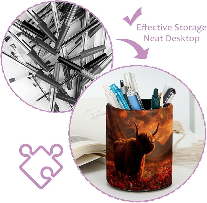Highland Cow and Red Florals Pen Holder Pencil Organizer for Desk, 3.1” x 3.1” x 3.9” Pencil Cup Office Supplies, Large Capacity Cute Pen and Makeup Brush Holder for Desktop, Home, School