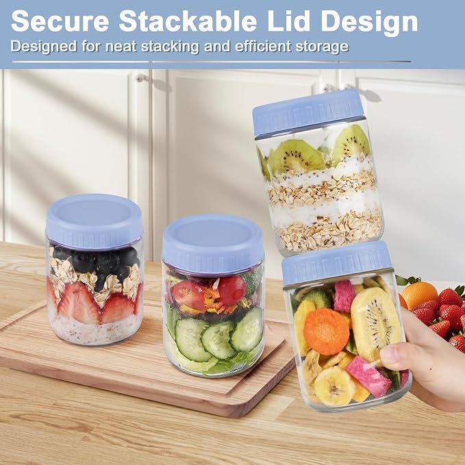 Overnight Oats Containers with Lids, 16oz Wide Mouth Mason Jars with Lids, 3 Pack Glass Jars with Airtight lid for Chia Pudding Yogurt Salad, Meal Prer Oatmeal Jars, Blue