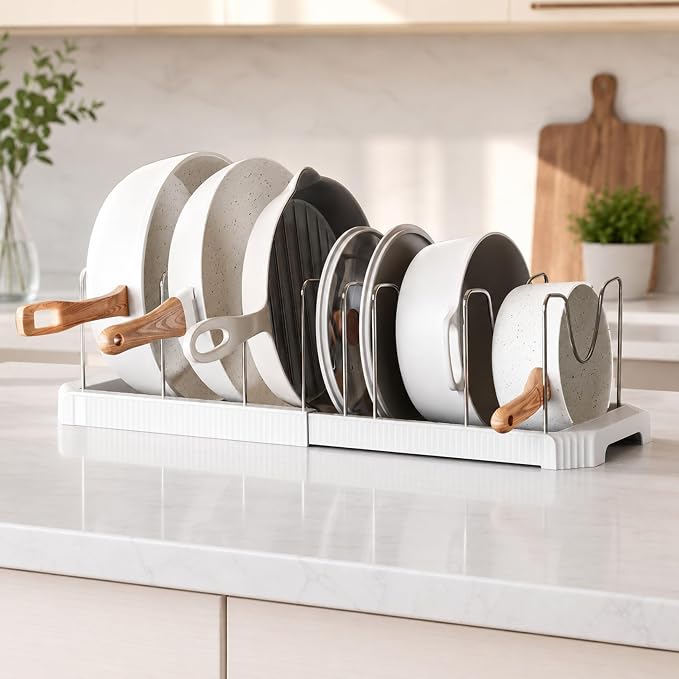 Pots and Pans Organizer Under Cabinet, Adjustable Pot and Pan Organizer Rack, 7 Stainless Steel Dividers, Pot Lid Organizer for Cabinet, Expandable Pan Organizer for Pots, Pans, Lids, Plates White