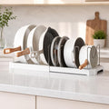 Pots and Pans Organizer Under Cabinet, Adjustable Pot and Pan Organizer Rack, 7 Stainless Steel Dividers, Pot Lid Organizer for Cabinet, Expandable Pan Organizer for Pots, Pans, Lids, Plates White