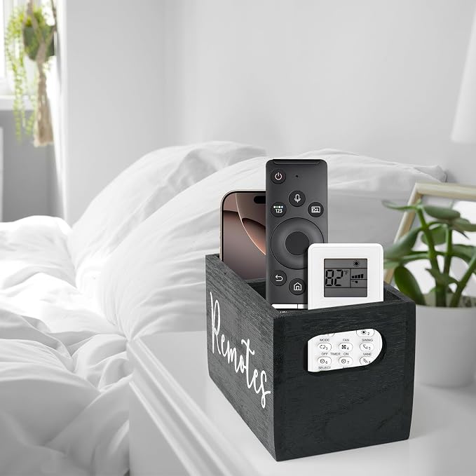 Remote Control Holder, Wooden TV Remote Holder for Table, Remote Caddy Organizer with 2 Compartments, Media Storage Box for Nightstand, Bedside (Black)