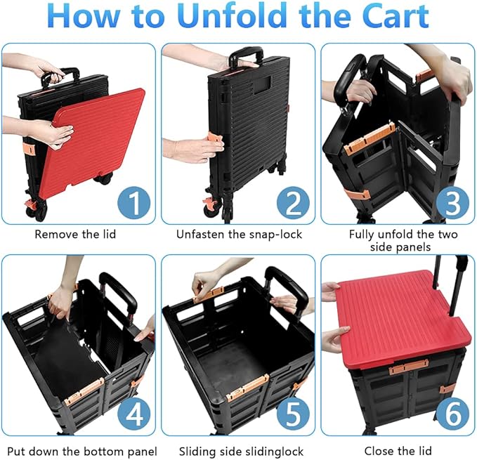 Quick Utility Cart Folding Portable Rolling Crate Handcart with Durable Heavy Duty Plastic Telescoping Handle Collapsible 4 Rotate Wheels for Travel Shopping Moving Luggage Office Use (Black&red lid)