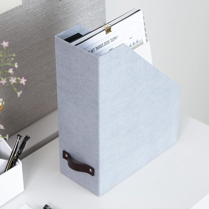 Bigso Box of Sweden Estelle Canvas Fiberboard Upright Magazine Storage Box | Magazine Holder & Organizer for Papers & Catalogs w/Leather Handle for Office Desks | 12.6in x 4.5in x 9.8in | Ash