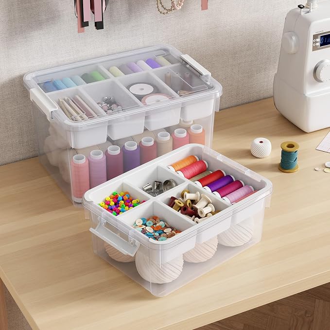 80Qt Large Stackable Storage Bins with Lids & Trays, Clear Plastic Latching Boxes Organizers with Dividers Portable 20Gal Containers for Arts & Crafts, Home and Car Trunk Organization, 2Pack