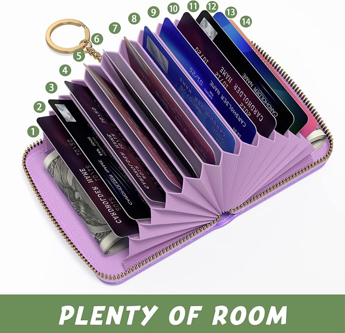 Aiawoxc Credit Card Holder for Women, Small RFID Wallet Slim Leather Business Card Organizer Case with Zipper and Keychain, Purple