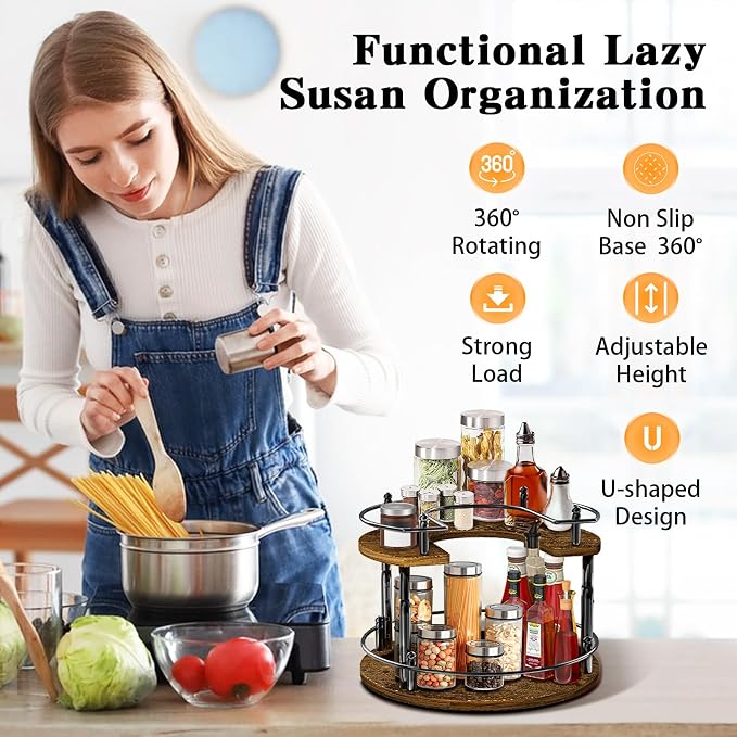 2 Tier Lazy Susan Organizer Turntable for Cabinet U-Shape Spinning Makeup Organizer 11.8" Rotating Spice Rack Height Adjustable, Pantry, Kitchen Countertop, Party, Bedroom