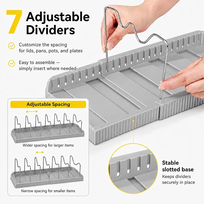 Pots and Pans Organizer Under Cabinet, Adjustable Pot and Pan Organizer Rack, 7 Stainless Steel Dividers, Pot Lid Organizer for Cabinet, Expandable Pan Organizer for Pots, Pans, Lids, Plates Gray