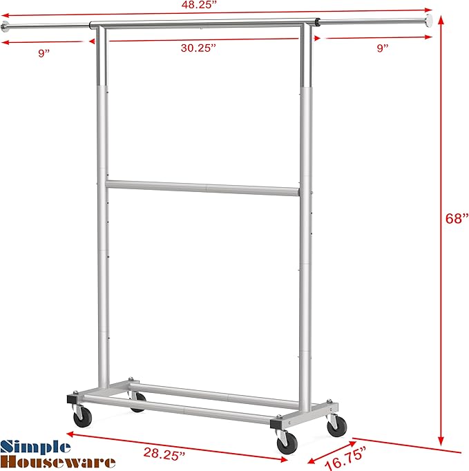 Simple Houseware Double Rod Adjustable Clothing Garment Rack, Grey | Extendable Width from 30 to 48 Inches