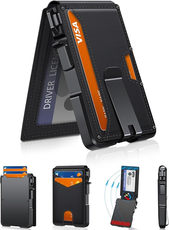 ZALVEX Wallet for Men, Mens Minimalist Wallet 9-13 Cards, Slim Compact Wallet with Money Clip & ID Window, RFID Blocking Smart Pop Up Card Wallet, Metal Aluminum Credit Card Holder Bifold Wallet | Money Clip & ID Window, Compact Smart Pop Up Card Walle...