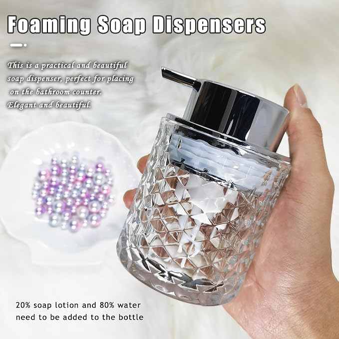Glass Hand Foaming Soap Dispensers with Silver Pump Refillable Hand Soap Dispenser for Bathroom Kitchen (2Pack-D881+D885)
