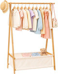 Homde Sturdy Kids Clothes Rack: 66 lb Capacity for Growing Wardrobe Needs | Hanging Rod Holds Clothes, Basket Stores Items Below - Helps Kids Build Tidy Habits - Angled Bamboo Side Frames Add Stability
