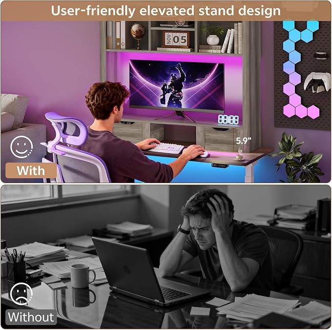 Desk Shelf with Computer Monitor Stand, 37.4''W Desktop Bookshelf Display Rack, Desktop Organizer Storage Rack with Cubbies & Drawers, 5-Tier Hutch for Home, Office, Dorm, Vanity, Grey