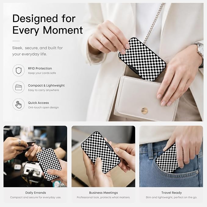 Credit Card Holder, Black and White Checkered, Mini Aluminum Wallet | RFID Blocking, Slim Design, Metal Business ID Case, For Women Men