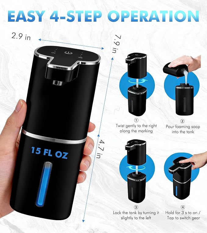 RYTOXILO Automatic Foaming Soap Dispenser Touchless, 2 Pack Black Auto Foam Soap Dispensers for Bathroom and Kitchen, 15 Fl Oz Plastic Electric Dish Foamy Dispensers Wall Mount with 1200 mAh Battery