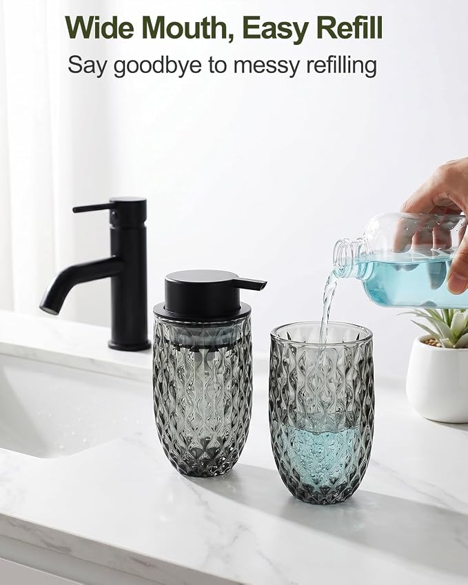 Glass Foaming Soap Dispenser, Grey Embossed Foam Hand Soap Dispenser, 2PCS | Refillable Foaming Soap Bottle, with Black Pump for Bathroom, Kitchen, Elegant Modern Home Decor, 12 OZ Large Capacity
