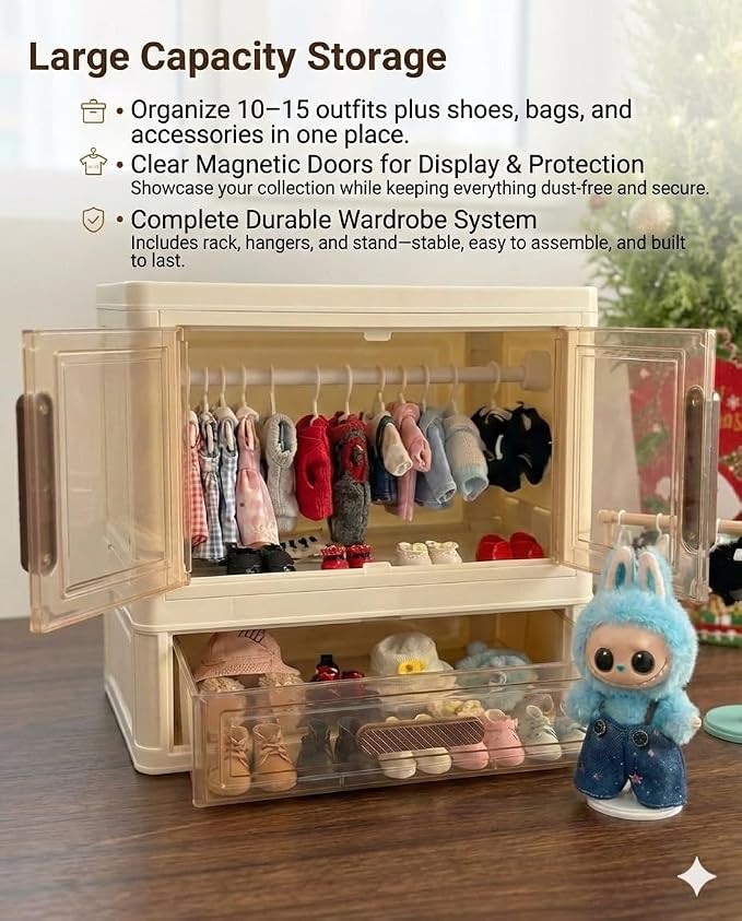 All in One Organize Kits Wardrobe Compatible with Labubu, Include Hangers,Clothes Rack &Stand, Display Case for Outfit Storage and Accessories Arts and Crafts Supplies,Closet Furniture Organizer