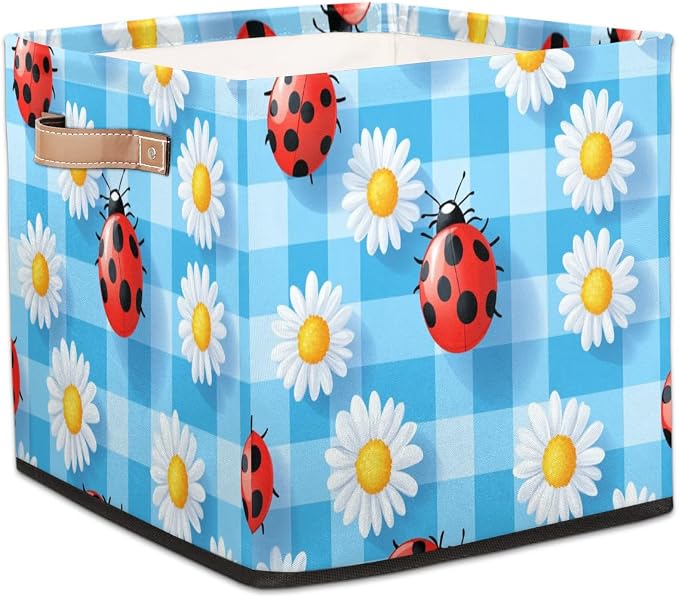 TropicalLife Flower Ladybugs Checkered Storage Cube, 13 Inch Fabric Cube Storage Organizer Bin for Shelves Clothes, Decorative Foldable Storage Boxes