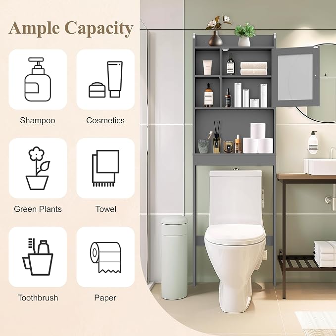 ZENY Over The Toilet Storage Cabinet, Bathroom Organizer with Adjustable Shelf and Double Doors, Freestanding Bathroom Space Saver Toilet Rack (Gray)
